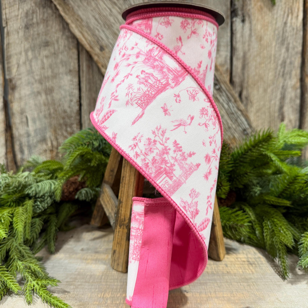 4" Pink Chinoiserie Ribbon, Pink and White Chinoiserie Ribbon, Wired RIbbon, Designer RIbbon