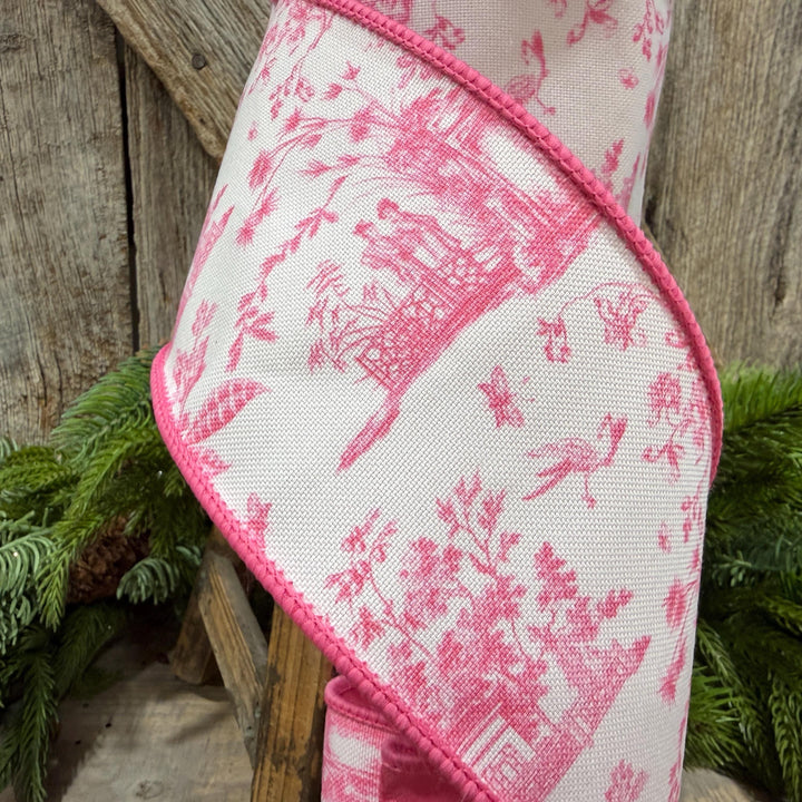 4" Pink Chinoiserie Ribbon, Pink and White Chinoiserie Ribbon, Wired RIbbon, Designer RIbbon