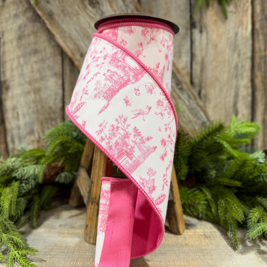 4" Pink Chinoiserie Ribbon, Pink and White Chinoiserie Ribbon, Wired RIbbon, Designer RIbbon