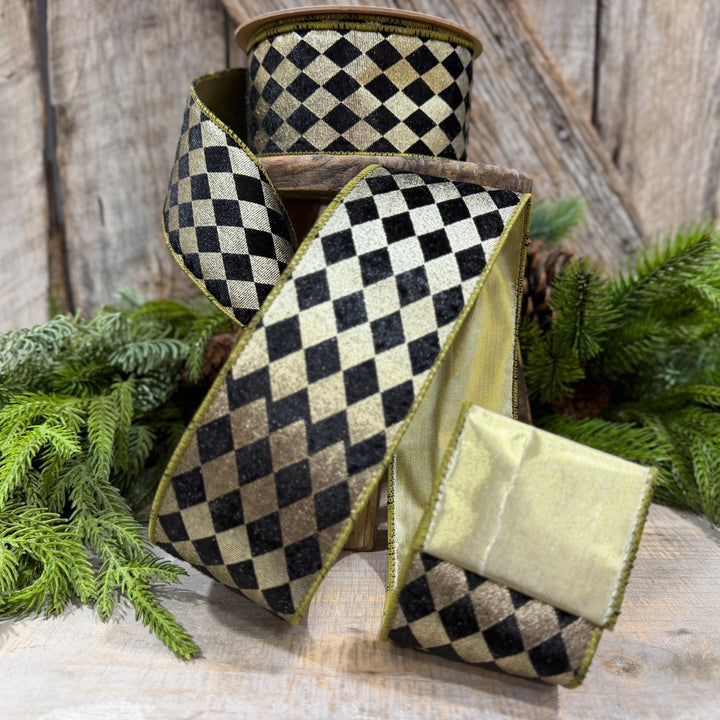 2.5" Black Gold Harlequin Ribbon, Diamond Ribbon, Black Gold Ribbon