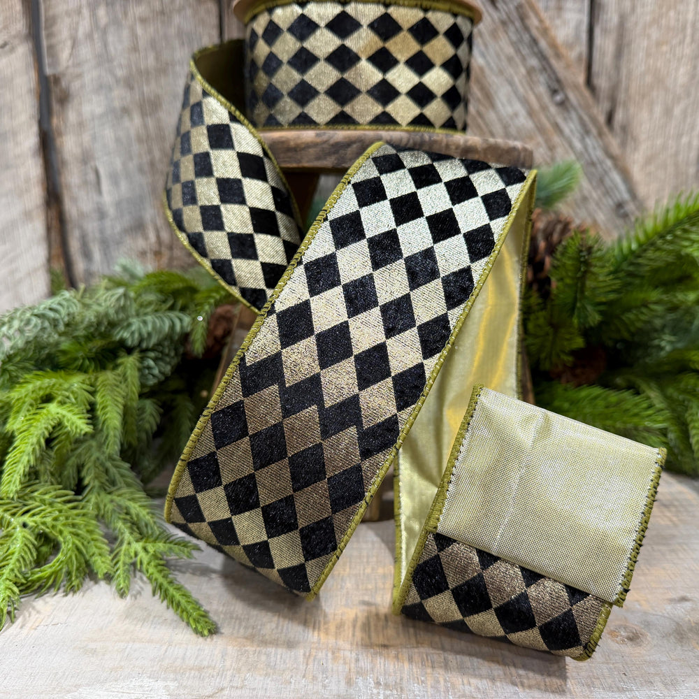 2.5" Black Gold Harlequin Ribbon, Diamond Ribbon, Black Gold Ribbon