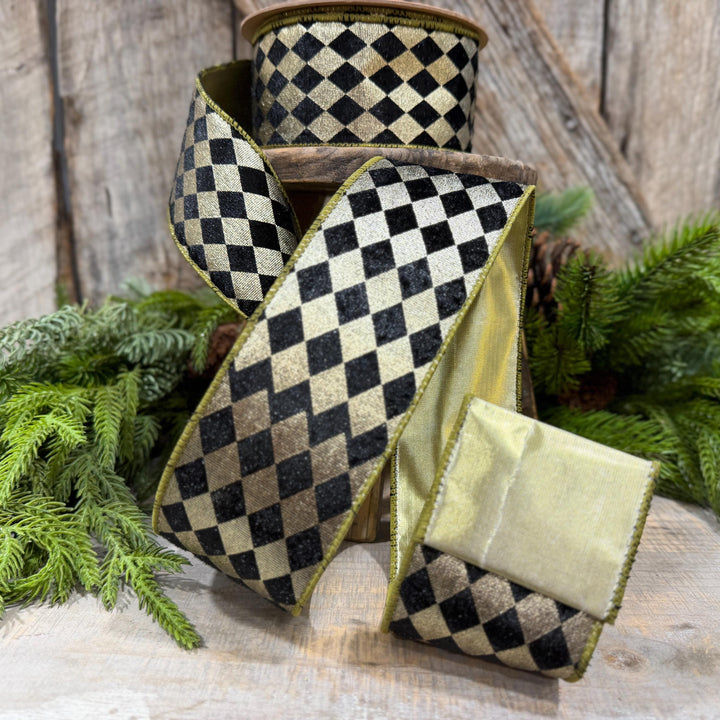2.5" Black Gold Harlequin Ribbon, Diamond Ribbon, Black Gold Ribbon