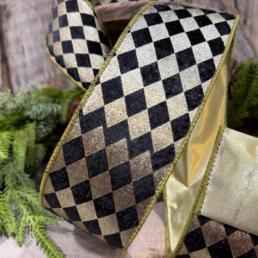 2.5" Black Gold Harlequin Ribbon, Diamond Ribbon, Black Gold Ribbon