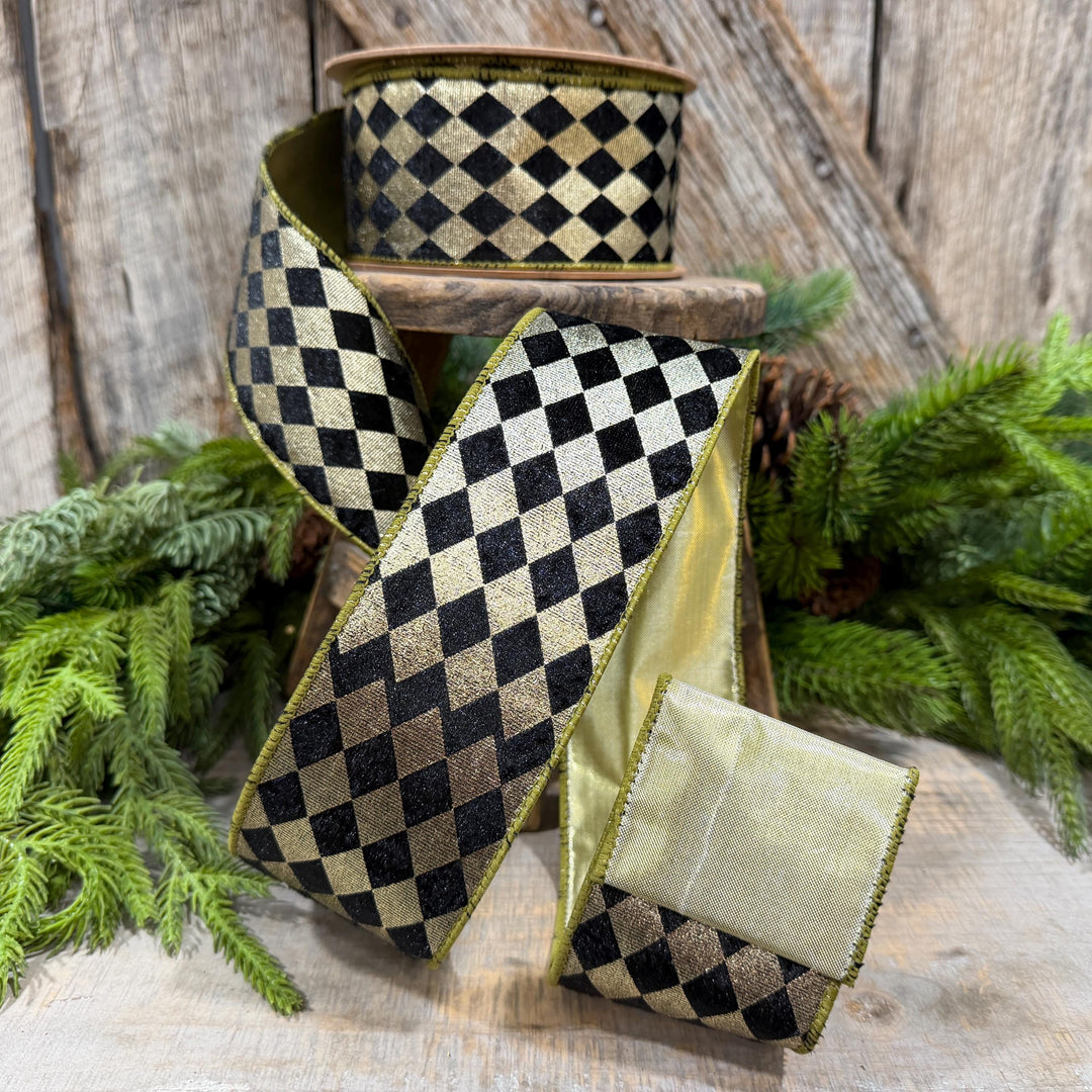 2.5" Black Gold Harlequin Ribbon, Diamond Ribbon, Black Gold Ribbon