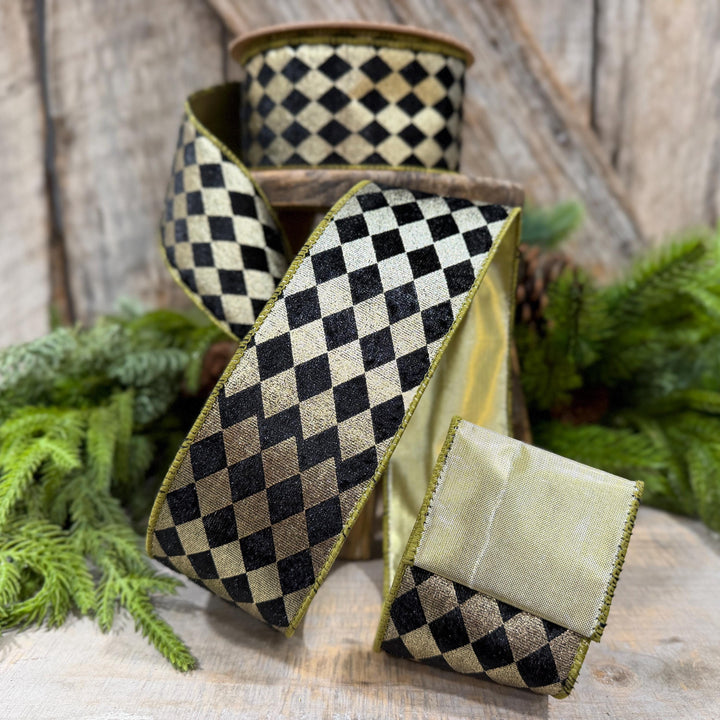 2.5" Black Gold Harlequin Ribbon, Diamond Ribbon, Black Gold Ribbon