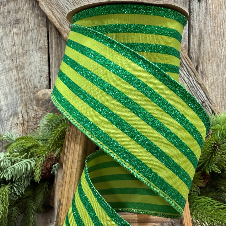 2.5" Lime Green Striped Ribbon, Christmas Ribbon