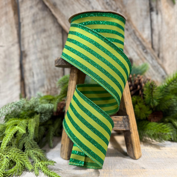 2.5" Lime Green Striped Ribbon, Christmas Ribbon