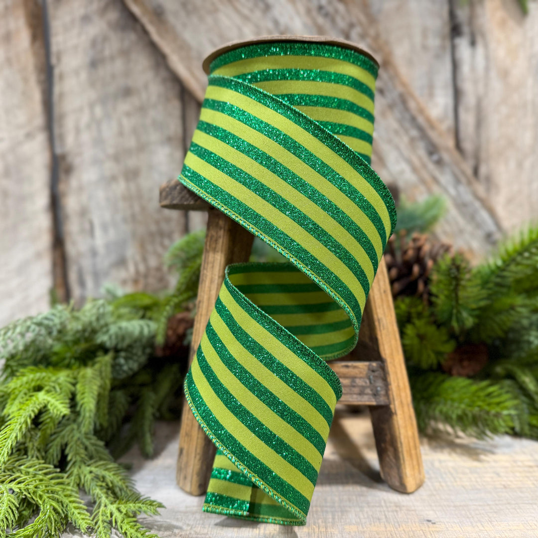 2.5" Lime Green Striped Ribbon, Christmas Ribbon