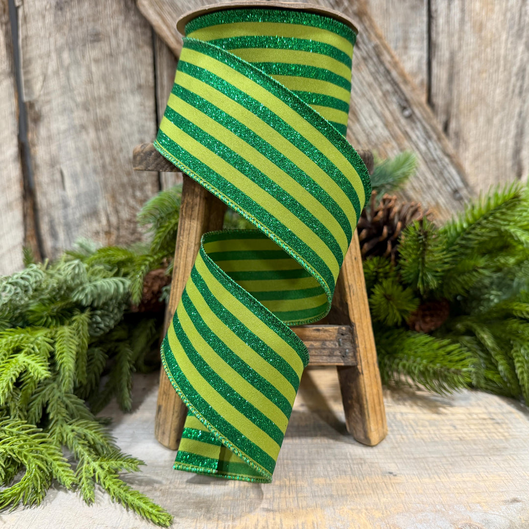 2.5" Lime Green Striped Ribbon, Christmas Ribbon