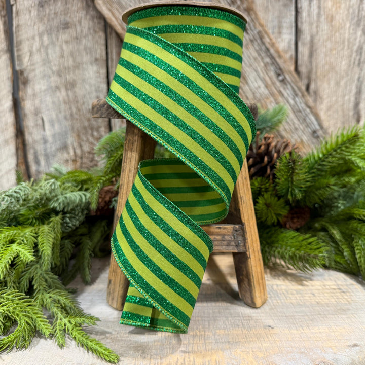 2.5" Lime Green Striped Ribbon, Christmas Ribbon