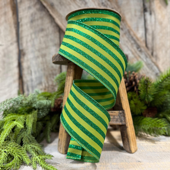 2.5" Lime Green Striped Ribbon, Christmas Ribbon