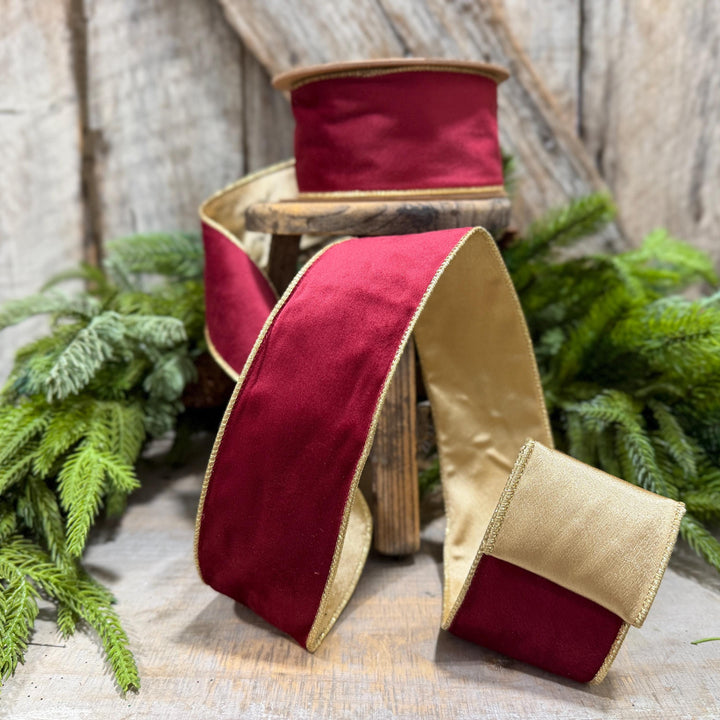 2.5" Burgundy Gold Velvet Ribbon, Burgundy Velvet Ribbon, Christmas RIbbon, Red and Gold Velvet Ribbon, Designer Ribbon, Gift Wrap Ribbon