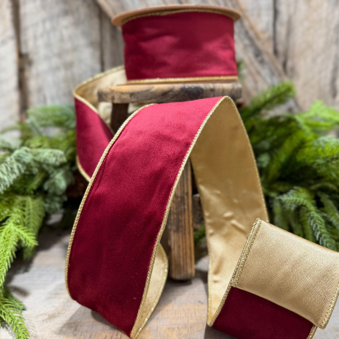 2.5" Burgundy Gold Velvet Ribbon, Burgundy Velvet Ribbon, Christmas RIbbon, Red and Gold Velvet Ribbon, Designer Ribbon, Gift Wrap Ribbon