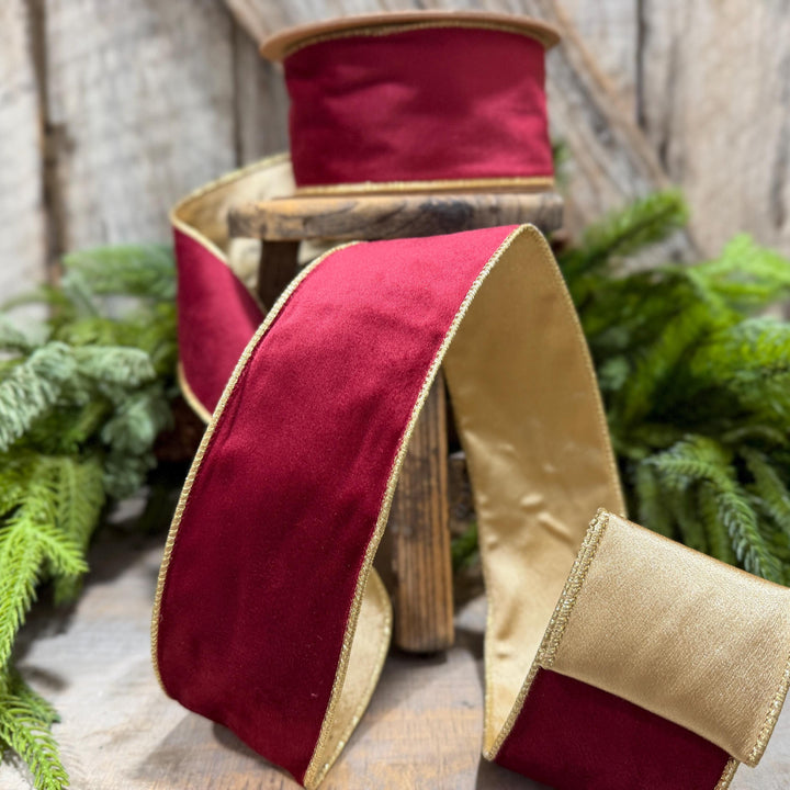 2.5" Burgundy Gold Velvet Ribbon, Burgundy Velvet Ribbon, Christmas RIbbon, Red and Gold Velvet Ribbon, Designer Ribbon, Gift Wrap Ribbon