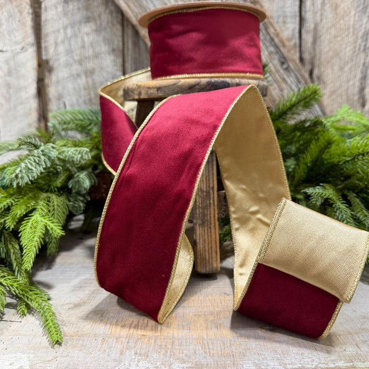 2.5" Burgundy Gold Velvet Ribbon, Burgundy Velvet Ribbon, Christmas RIbbon, Red and Gold Velvet Ribbon, Designer Ribbon, Gift Wrap Ribbon