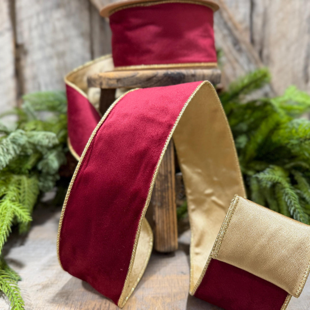 2.5" Burgundy Gold Velvet Ribbon, Burgundy Velvet Ribbon, Christmas RIbbon, Red and Gold Velvet Ribbon, Designer Ribbon, Gift Wrap Ribbon