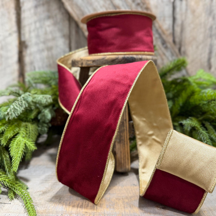 2.5" Burgundy Gold Velvet Ribbon, Burgundy Velvet Ribbon, Christmas RIbbon, Red and Gold Velvet Ribbon, Designer Ribbon, Gift Wrap Ribbon