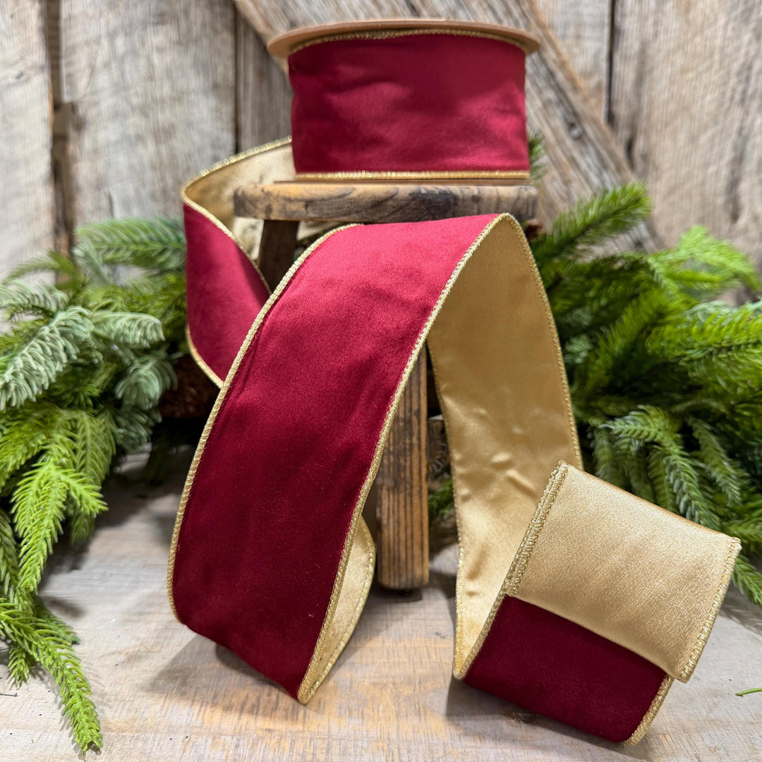 2.5" Burgundy Gold Velvet Ribbon, Burgundy Velvet Ribbon, Christmas RIbbon, Red and Gold Velvet Ribbon, Designer Ribbon, Gift Wrap Ribbon