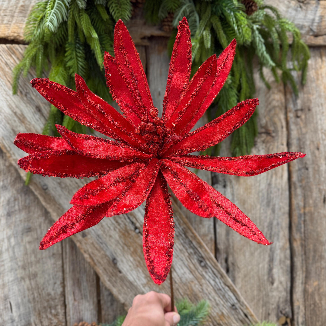 19" Red Poinsettia Stem, Christmas Tree Florals