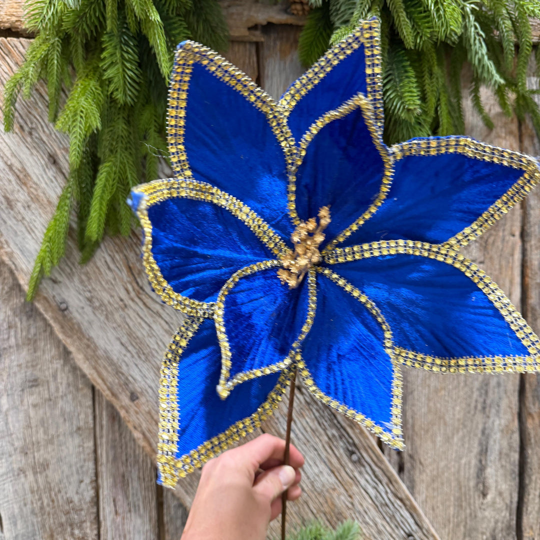 Royal Blue Velvet Poinsettia with Gold Trim - Christmas Tree Floral Decor