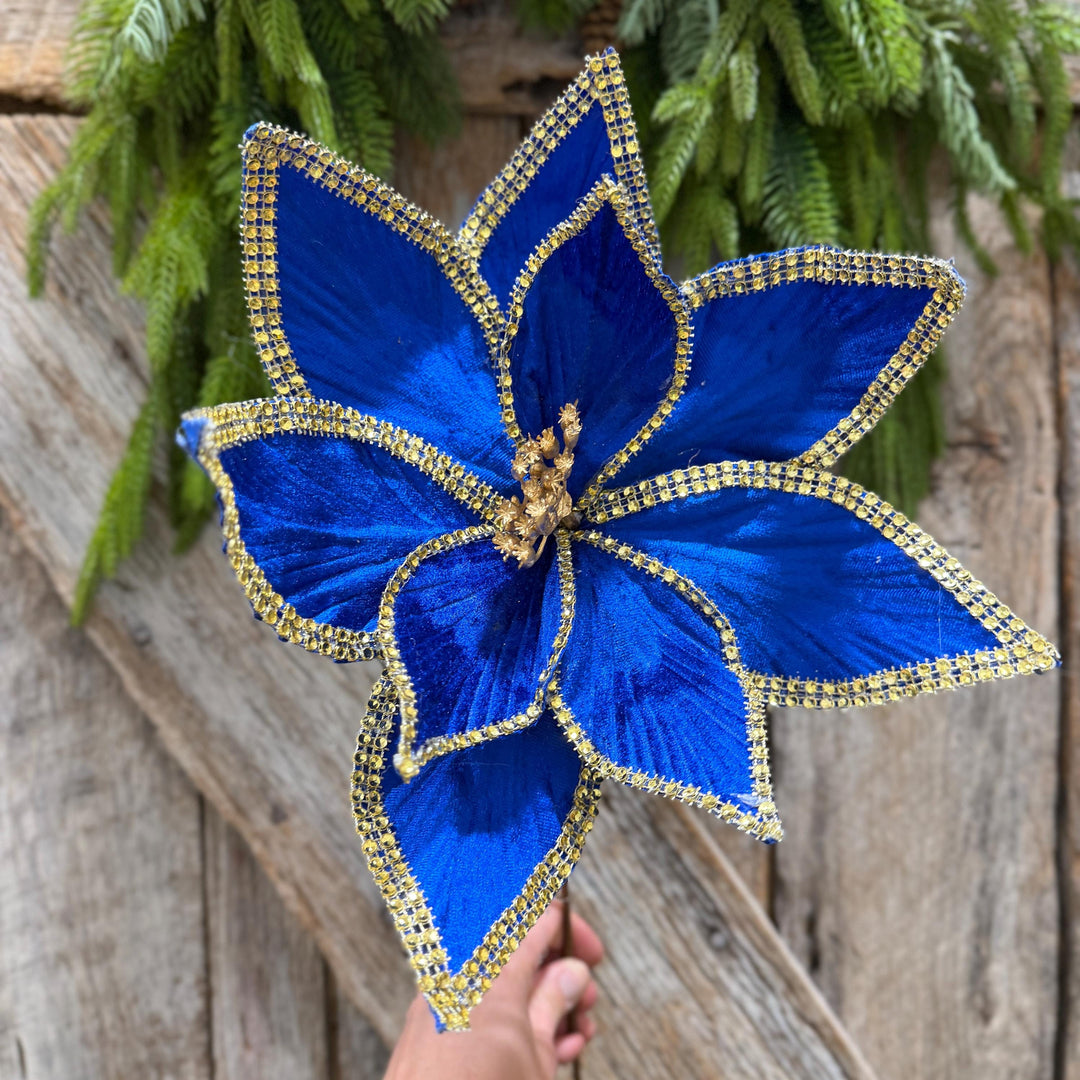 Royal Blue Velvet Poinsettia with Gold Trim - Christmas Tree Floral Decor