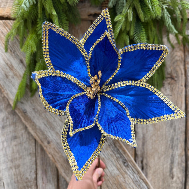 Royal Blue Velvet Poinsettia with Gold Trim - Christmas Tree Floral Decor