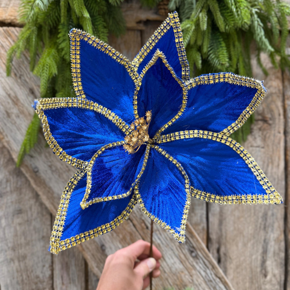 Royal Blue Velvet Poinsettia with Gold Trim - Christmas Tree Floral Decor
