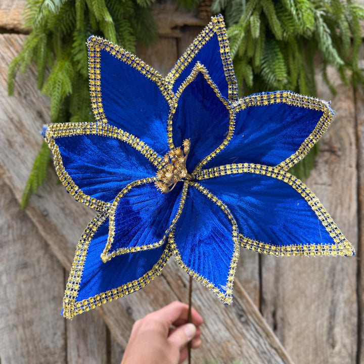 Royal Blue Velvet Poinsettia with Gold Trim - Christmas Tree Floral Decor