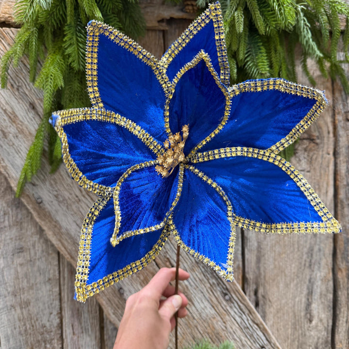 Royal Blue Velvet Poinsettia with Gold Trim - Christmas Tree Floral Decor