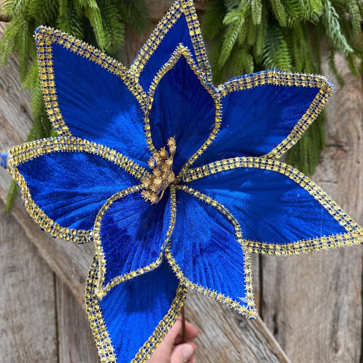 Royal Blue Velvet Poinsettia with Gold Trim - Christmas Tree Floral Decor