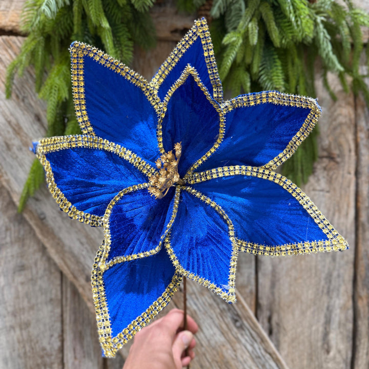 Royal Blue Velvet Poinsettia with Gold Trim - Christmas Tree Floral Decor