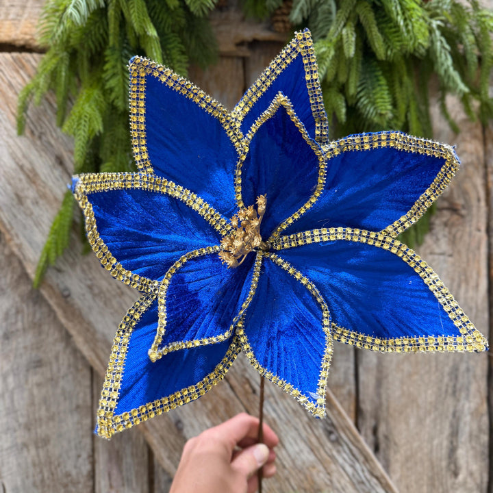 Royal Blue Velvet Poinsettia with Gold Trim - Christmas Tree Floral Decor