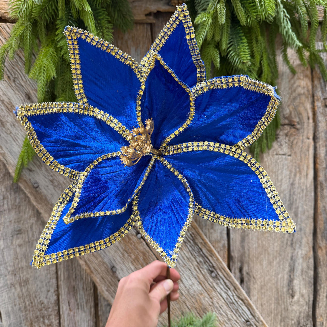 Royal Blue Velvet Poinsettia with Gold Trim - Christmas Tree Floral Decor