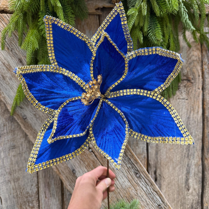 Royal Blue Velvet Poinsettia with Gold Trim - Christmas Tree Floral Decor