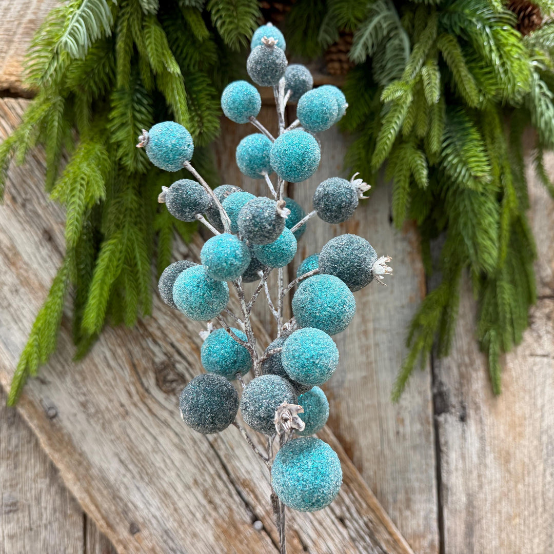 22" Blue Beaded Metallic Berry Spray, Frosted Blue Berry Pick