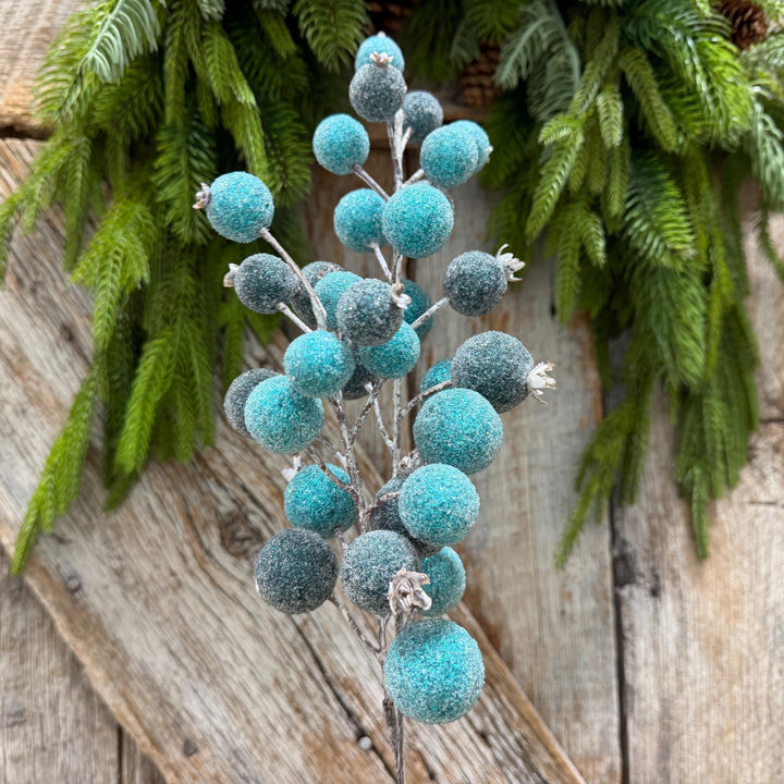 22" Blue Beaded Metallic Berry Spray, Frosted Blue Berry Pick