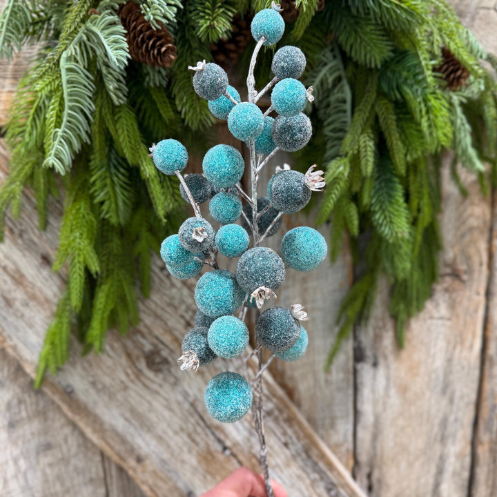 22" Blue Beaded Metallic Berry Spray, Frosted Blue Berry Pick, Christmas Floral Spray, Winter Tree &amp; Wreath Decor