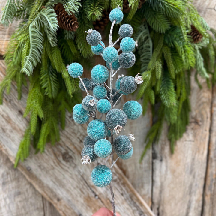 22" Blue Beaded Metallic Berry Spray, Frosted Blue Berry Pick, Christmas Floral Spray, Winter Tree &amp; Wreath Decor