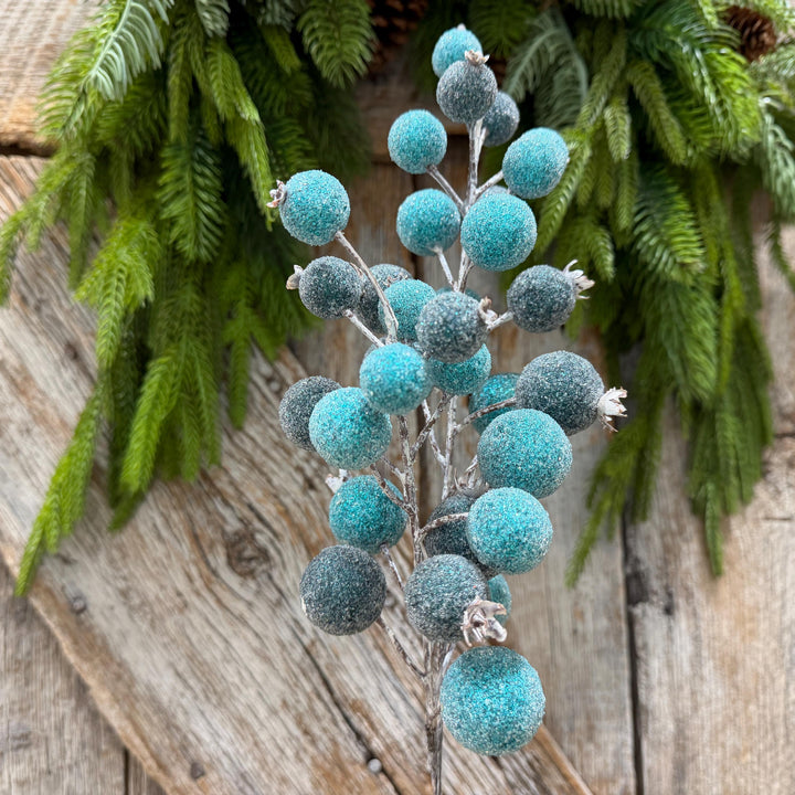 22" Blue Beaded Metallic Berry Spray, Frosted Blue Berry Pick, Christmas Floral Spray, Winter Tree &amp; Wreath Decor