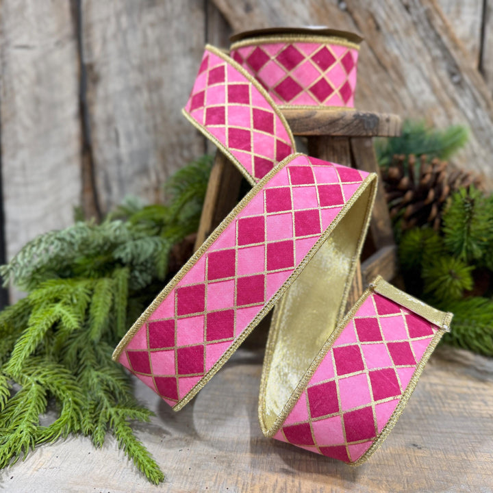 1.5" Pink Harlequin Ribbon, Wired Ribbon, Designer Ribbon, 2 Tone Pink Ribbon, Diamond Ribbon, 94562W-372-09D