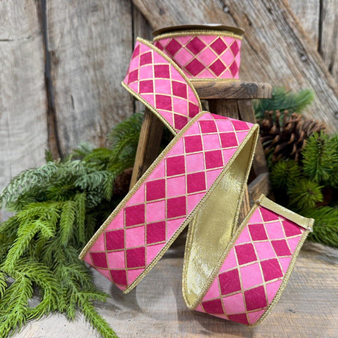 1.5" Pink Harlequin Ribbon, Wired Ribbon, Designer Ribbon, 2 Tone Pink Ribbon, Diamond Ribbon, 94562W-372-09D