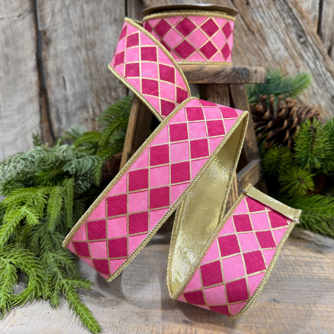 1.5" Pink Harlequin Ribbon, Wired Ribbon, Designer Ribbon, 2 Tone Pink Ribbon, Diamond Ribbon, 94562W-372-09D