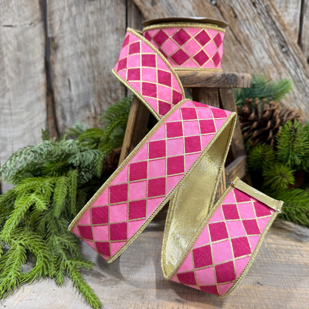 1.5" Pink Harlequin Ribbon, Wired Ribbon, Designer Ribbon, 2 Tone Pink Ribbon, Diamond Ribbon, 94562W-372-09D