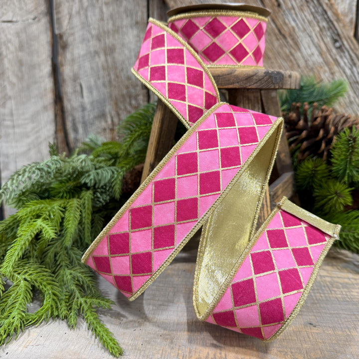 1.5" Pink Harlequin Ribbon, Wired Ribbon, Designer Ribbon, 2 Tone Pink Ribbon, Diamond Ribbon, 94562W-372-09D