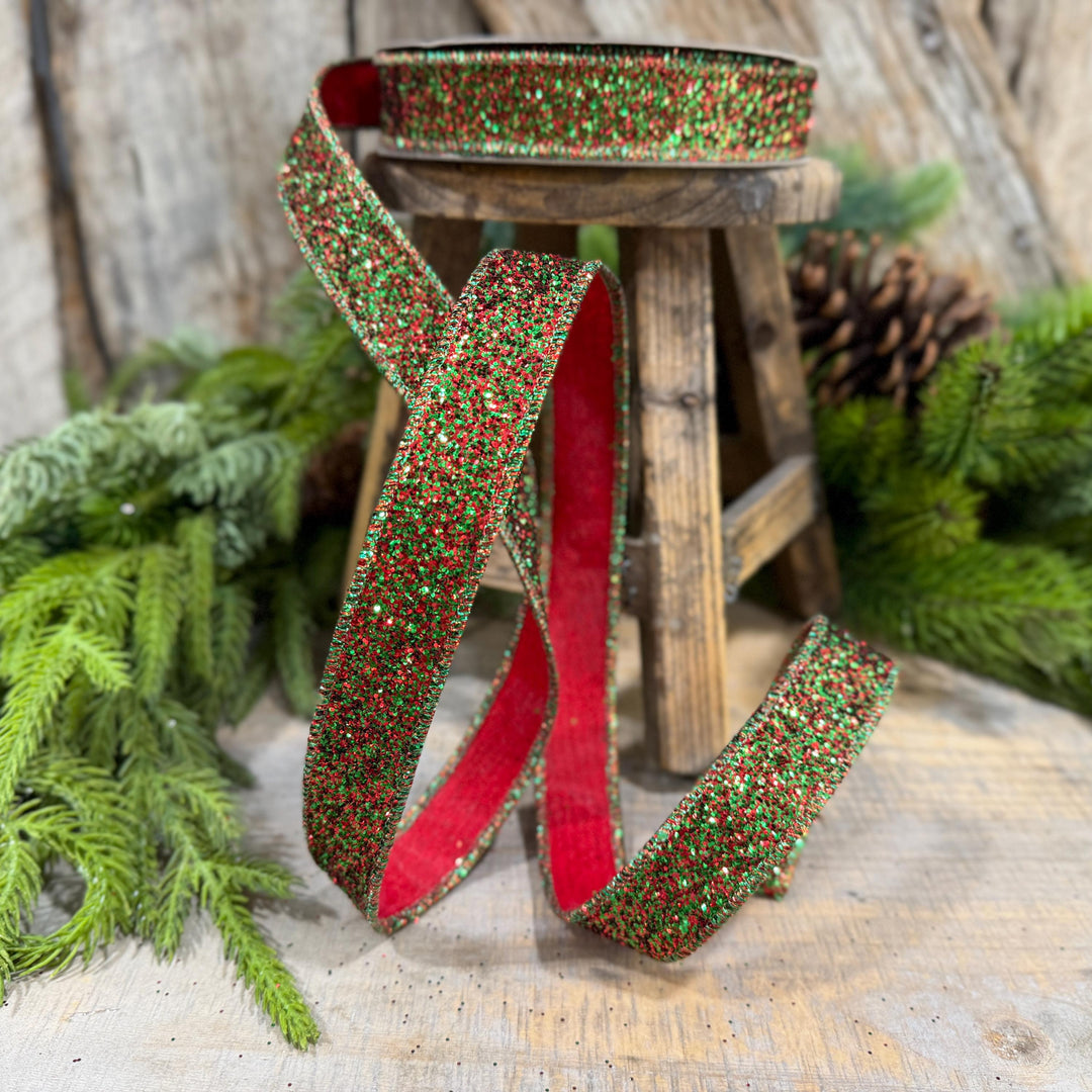 1" Red Green Glitter Magic Ribbon, Farrisilk Ribbon, RS376-48