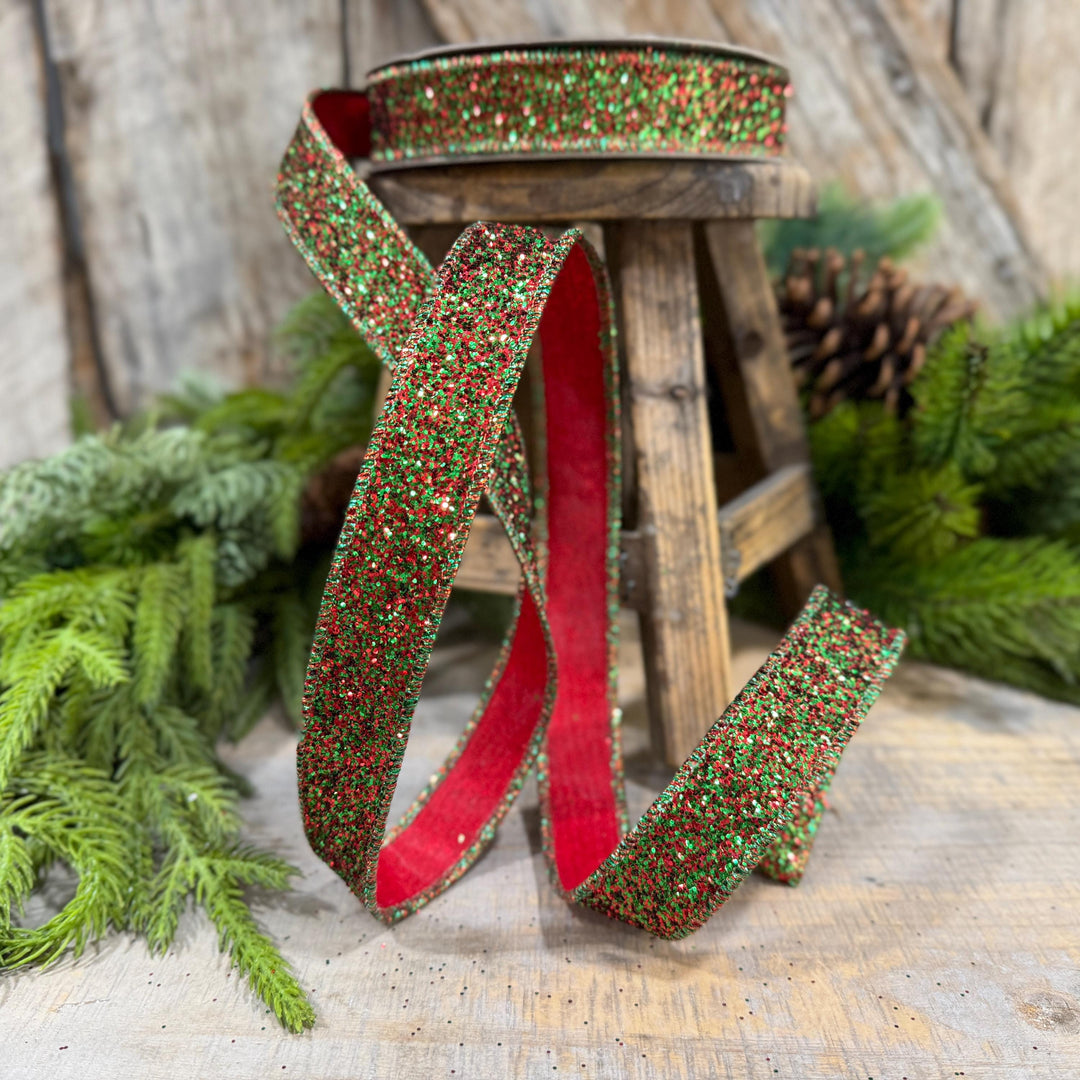 1" Red Green Glitter Magic Ribbon, Farrisilk Ribbon, RS376-48