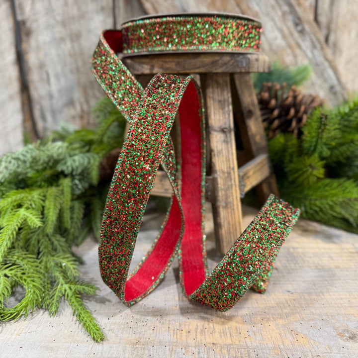1" Red Green Glitter Magic Ribbon, Farrisilk Ribbon, RS376-48