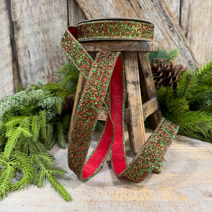 1" Red Green Glitter Magic Ribbon, Farrisilk Ribbon, RS376-48