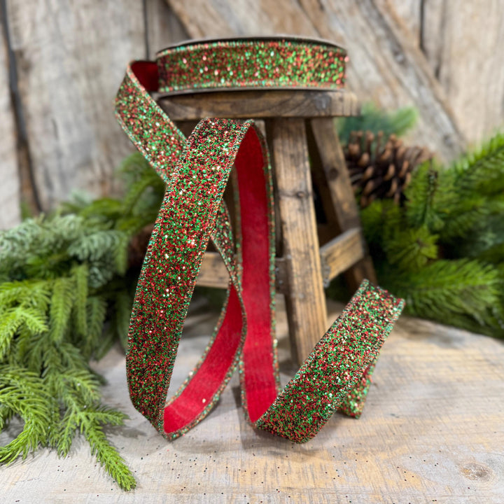 1" Red Green Glitter Magic Ribbon, Farrisilk Ribbon, RS376-48