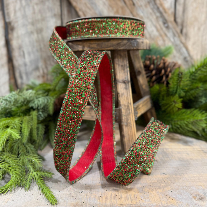1" Red Green Glitter Magic Ribbon, Farrisilk Ribbon, RS376-48
